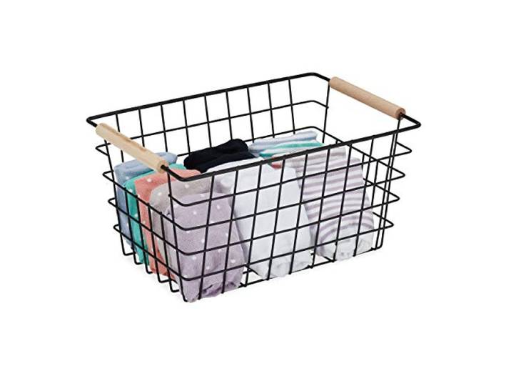 4x Paniers fil métal\, poignée en bois\, rectangulaire\, design quadrillé\, vêtements\, accessoires\, HxLxP: 16x31x21 cm\, noir