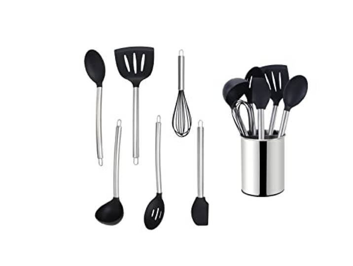 ECHTWERK Küchenuntensilien, 7-teiliges Küchenhelfer-Set, Küchenzubehör, Kochbesteck mit Edelstahlgriff, Kochset Utensilienhalter, Kochzubehör, Antihaft Silikon Haushaltshelfer, Silber