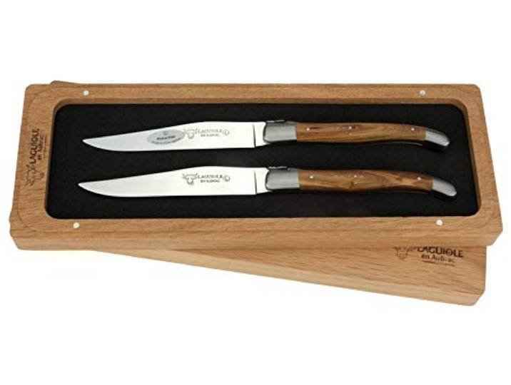 Laguiole en Aubrac - 2er Set original Laguiole Steakmesser aus Frankreich - Griffschalen Pistazien-Holz - Tafelmesser