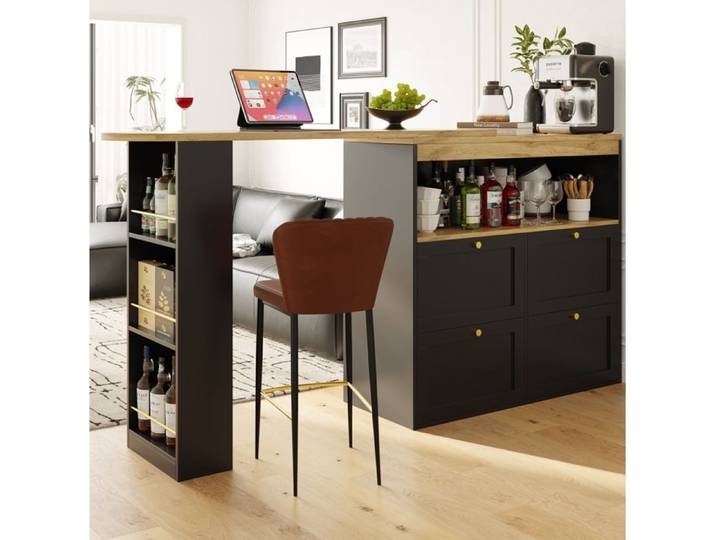 Buffet haut 4 tiroirs et étagères ouvertes cadre rotatif 360° - YEAVIO - MDF noir aspect bois pour salon 138×39×104 cm