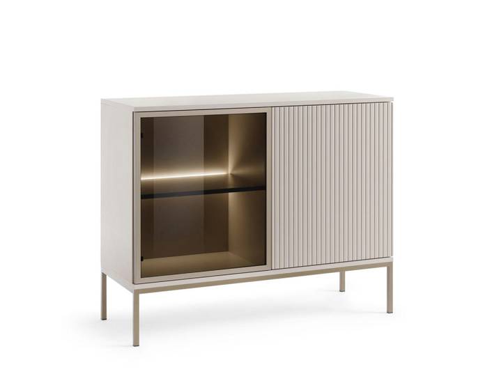 Komodee Sideboard Laval K104 LED - Kaschmir, Dreitürige mit Beleuchtung, Metall, 2 Fächer, 104x83x39 cm, Kleinmöbel, Kommoden, Sideboards