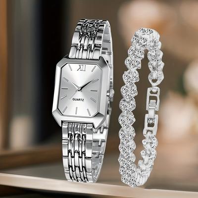 Fusion Finds Luxury Women's Quartz Watch Set With Rhinestone Bracelet & Rectangle Roman Dial Dress Watch silver White Kit