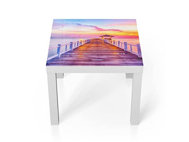 DEQORI Glastisch weiß klein 55x55 cm Motiv Holzsteg bei Dämmerung ausgefallener Beistelltisch aus Glas Hochglanz Couchtisch fürs Wohnzimmer moderner Couch Tisch mit Design