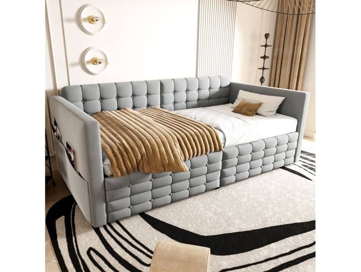 WOVREO Lit banquette rembourré 90x190 cm gris clair en velours avec rangements latéraux et tiroirs