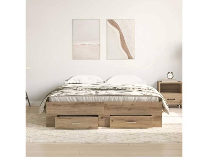 KTHLBRH Bettgestell Eiche Handwerk 140 x 190 cm Technisches Holz, mit Schubladen, feste Latten, Tragkraft 220 kg, rustikaler Stil