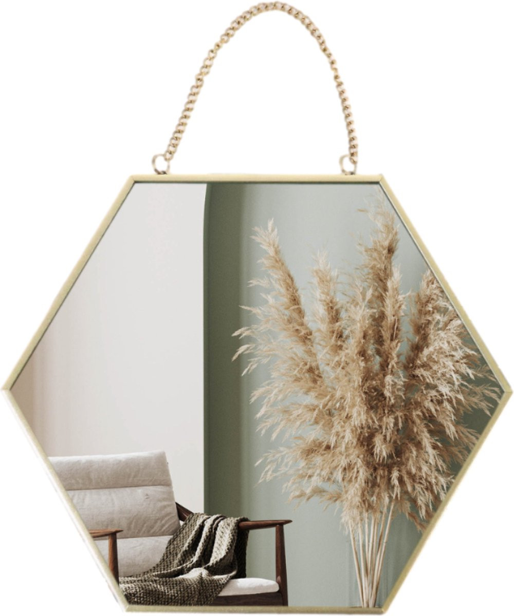 MISOU JUNA Hexagon Wandspiegel Honingraad Goud met Ketting 25x25 cm