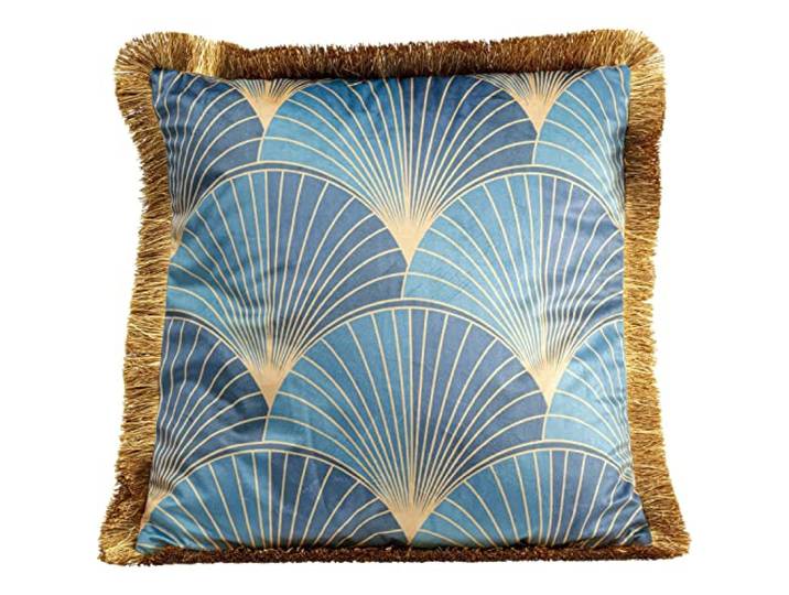 Kare Design Kissen Leaves Fringe, Blau/Gold, 45x45cm, Zierkissen, Dekokissen, Couchkissen mit Reißverschluss