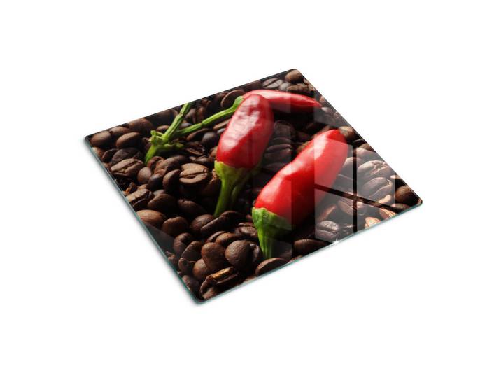 Tulup Glasplatte 60x52 cm Chilischoten und Kaffee, Rot, Glas, 60x0.4x52 cm, Küchen, Küchenelektrogeräte, Herde, Herdabdeckplatten