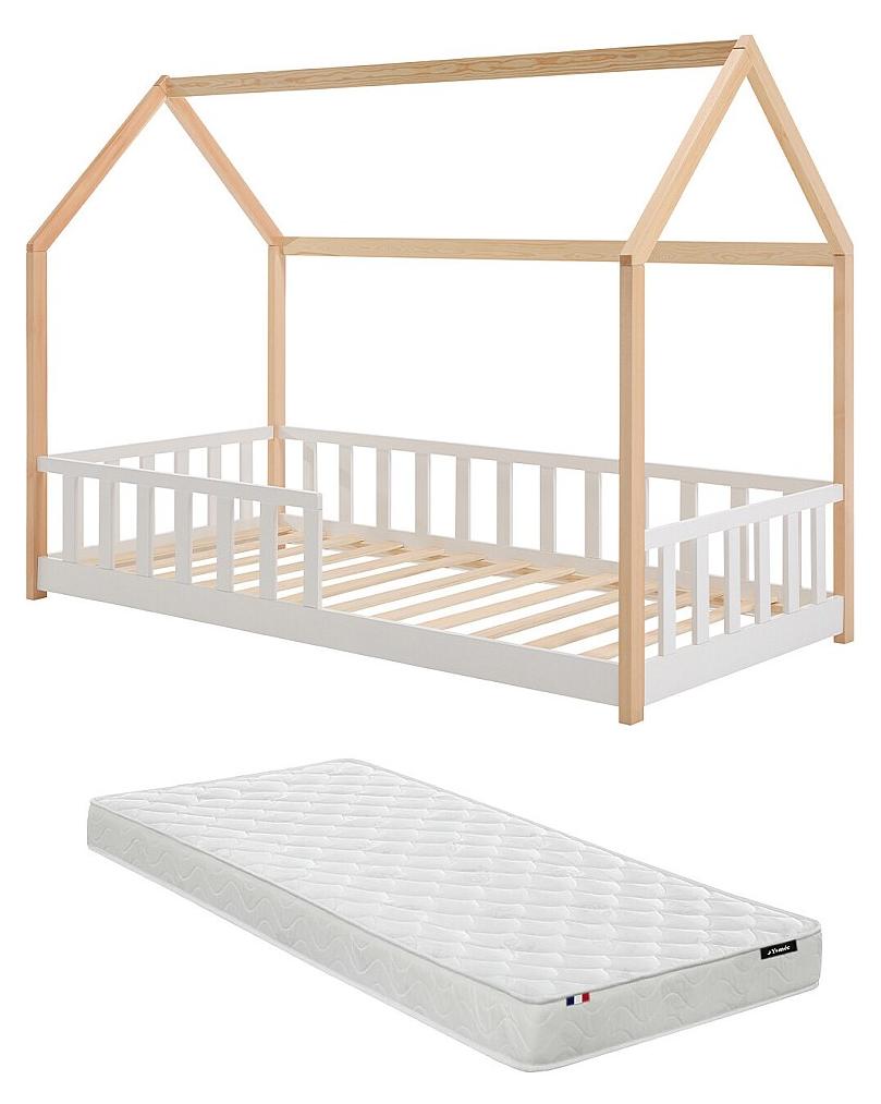 Hausbett 90 x 190 cm - Kiefer - Farbe: Natur und Weiß + Matratze MARTEVI