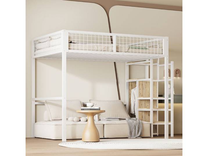 Lit mezzanine - LANGTU - 140x200 cm - Cadre métal blanc - Étagères & bureau intégrés - Barrière sécurité panneaux bois