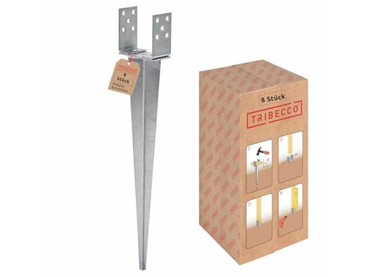 TRIBECCO 8 Stück Einschlag-Bodenhülse U-Form für Vierkant-Holzpfosten Stützenschuh verstellbar bis 140 mm Länge 700 mm U-Pfostenträger zum Einschlagen in den Boden feuerverzinkter Stahl (8)
