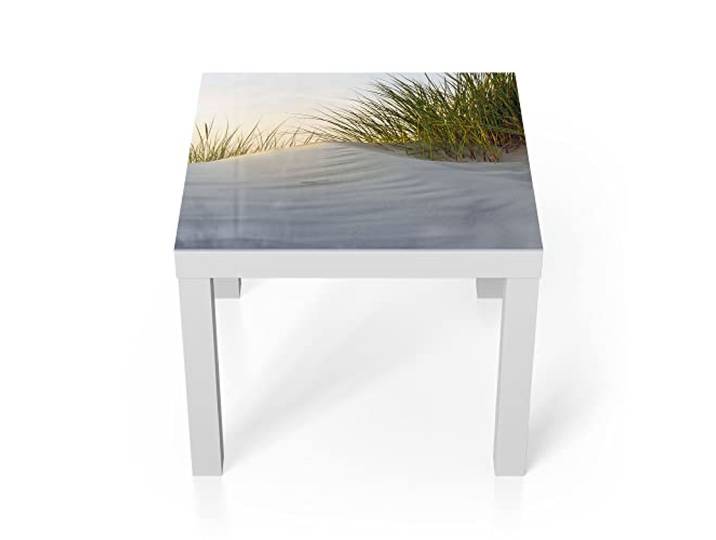 DEQORI Glastisch weiß klein 55x55 cm Motiv Düne mit Dünengras ausgefallener Beistelltisch aus Glas Hochglanz Couchtisch fürs Wohnzimmer moderner Couch Tisch mit Design