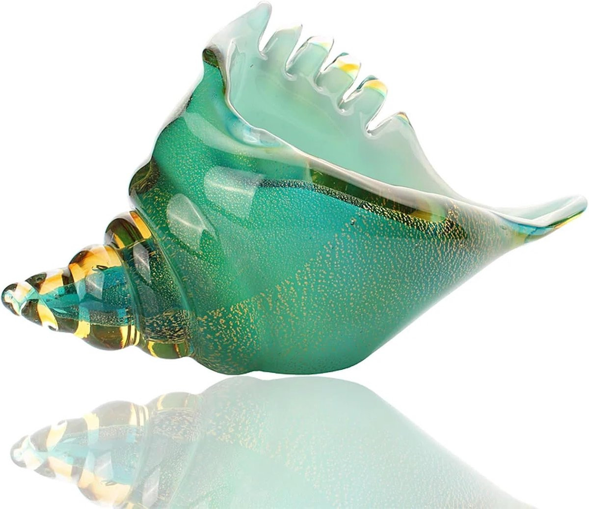 Handgeblazen Glazen Schelp Beeldje - Groen - H 25 x B 13 cm