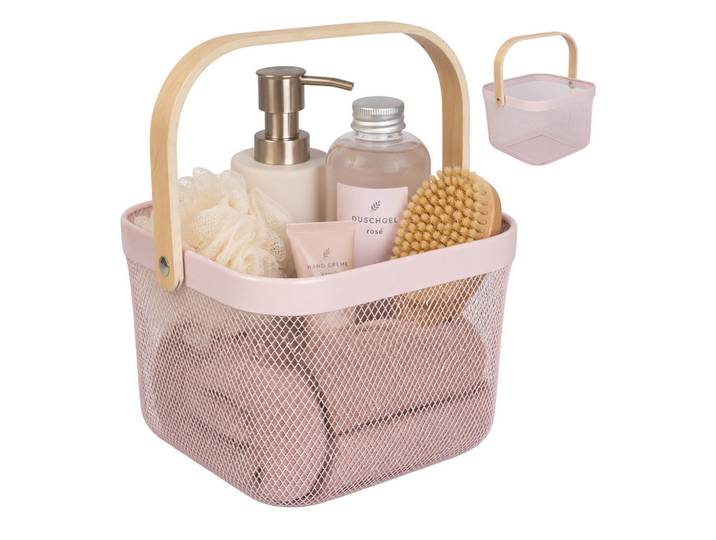 Relaxdays Drahtkorb Rosa 2er-Set Metall, Pink, Metall, Holz, 26x17.5x24.5 cm, Ordnen & Aufbewahren, Deko- & Aufbewahrungsboxen