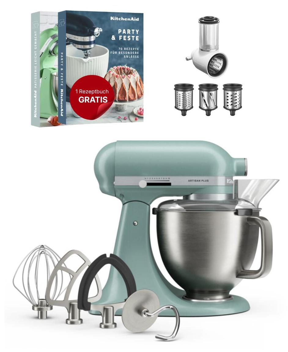 KitchenAid 4,7 L 5KSM50 Artisan Plus Küchenmaschine Beginnerset mit Gemüseschneider Mint Julep