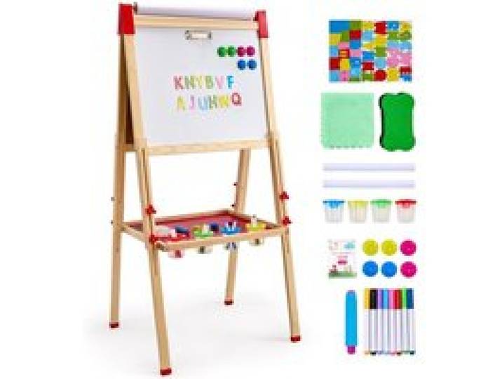 VEVOR Chevalet d'Art Enfants 3-en-1 Tableau Magnétique Blanc Noir Double Face, Planche à Dessin Bois Debout Réglable avec Accessoires, Support de Rouleau de Papier, pour Créativité, Garçons, Filles