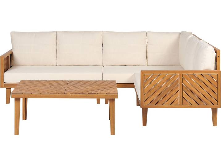 BELIANI Lounge Set Hellbraun Akazienholz 4-teilig für 4 Personen mit Auflagen Hellbeige Stoff Couchtisch Ecksofa Outdoor Garten Terrasse Ausstattung