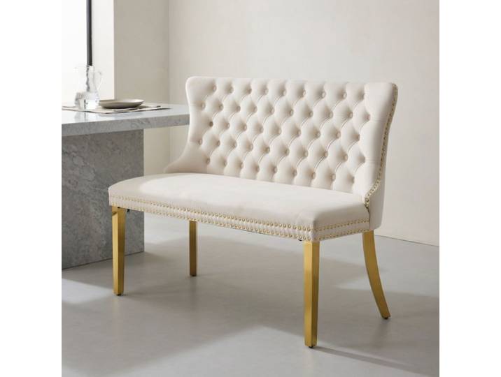 CollaHausse Banquette 2 Places Velours Beige Capitonnée et Dossier à Oreilles Pieds Plaqués Or