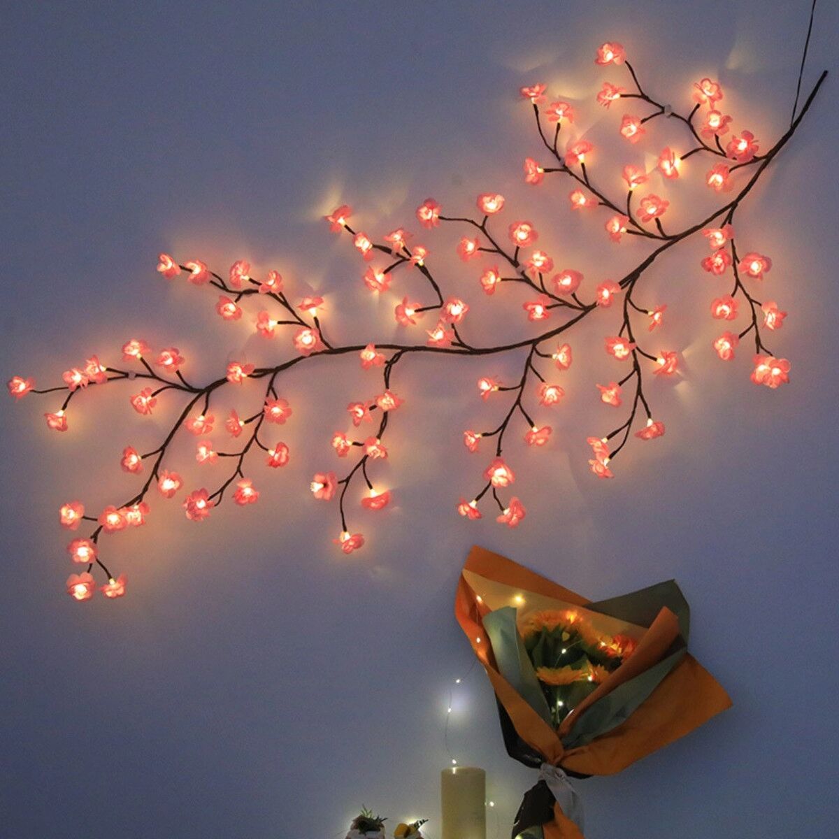 INF LED-Kirschblütenzweig mit 48 Seidenstoffblüten, biegsamem Design und 8 Lichtmodi 1,2 m