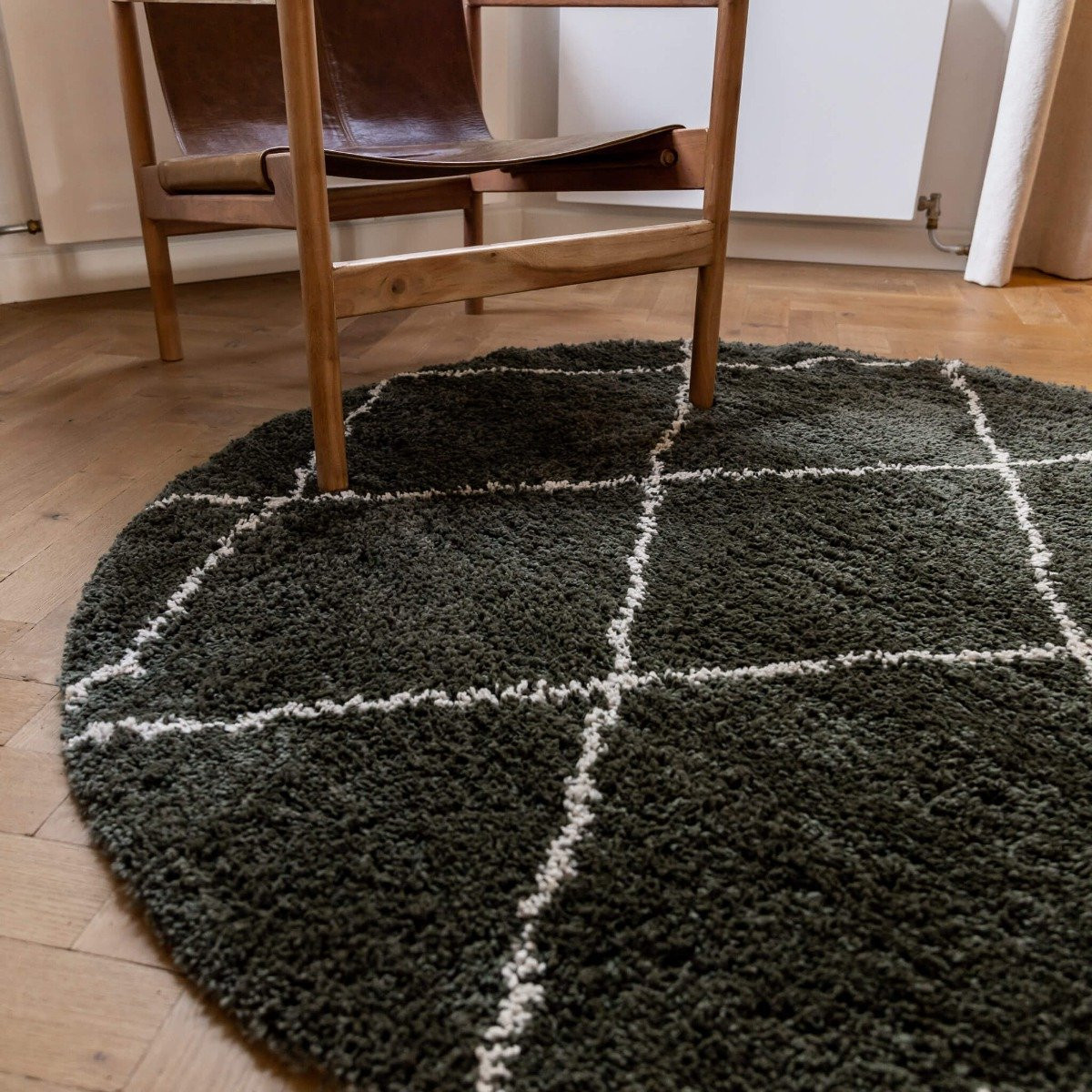 Rond Hoogpolig Vloerkleed Berber Kris Kros Scandinavisch Design Groen/Wit - Diameter: 240 cm