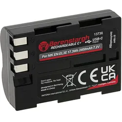 Berenstargh Akku Nikon EN-EL3E 2400mAh USB-C Input (Kamera Akku), Kamera Stromversorgung, Schwarz