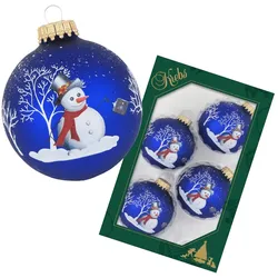 Krebs Glas Lauscha Königsblau 7cm Glaskugel mit Schneemanndekor
