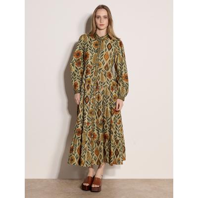 Midikleid APRICOT "Florales Midikleid", Damen, Gr. XS (34), N-Gr, grün, gewebt, Obermaterial: 100% Baumwolle CO., geblümt, 1-Knopf-Manschetten, Kleider Midikleid, mit Stufen