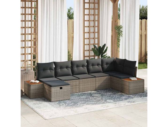 vidaXL Garten-Sofa-Set mit Kissen 7 pcs Grau Poly Rattan