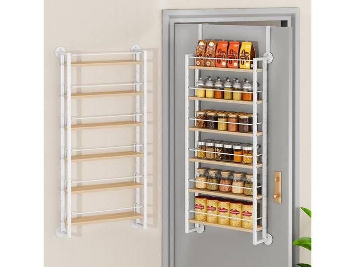 Étagère à épices murale 6 niveaux - hauteur réglable bois et métal - porte-condiments à fixer au mur