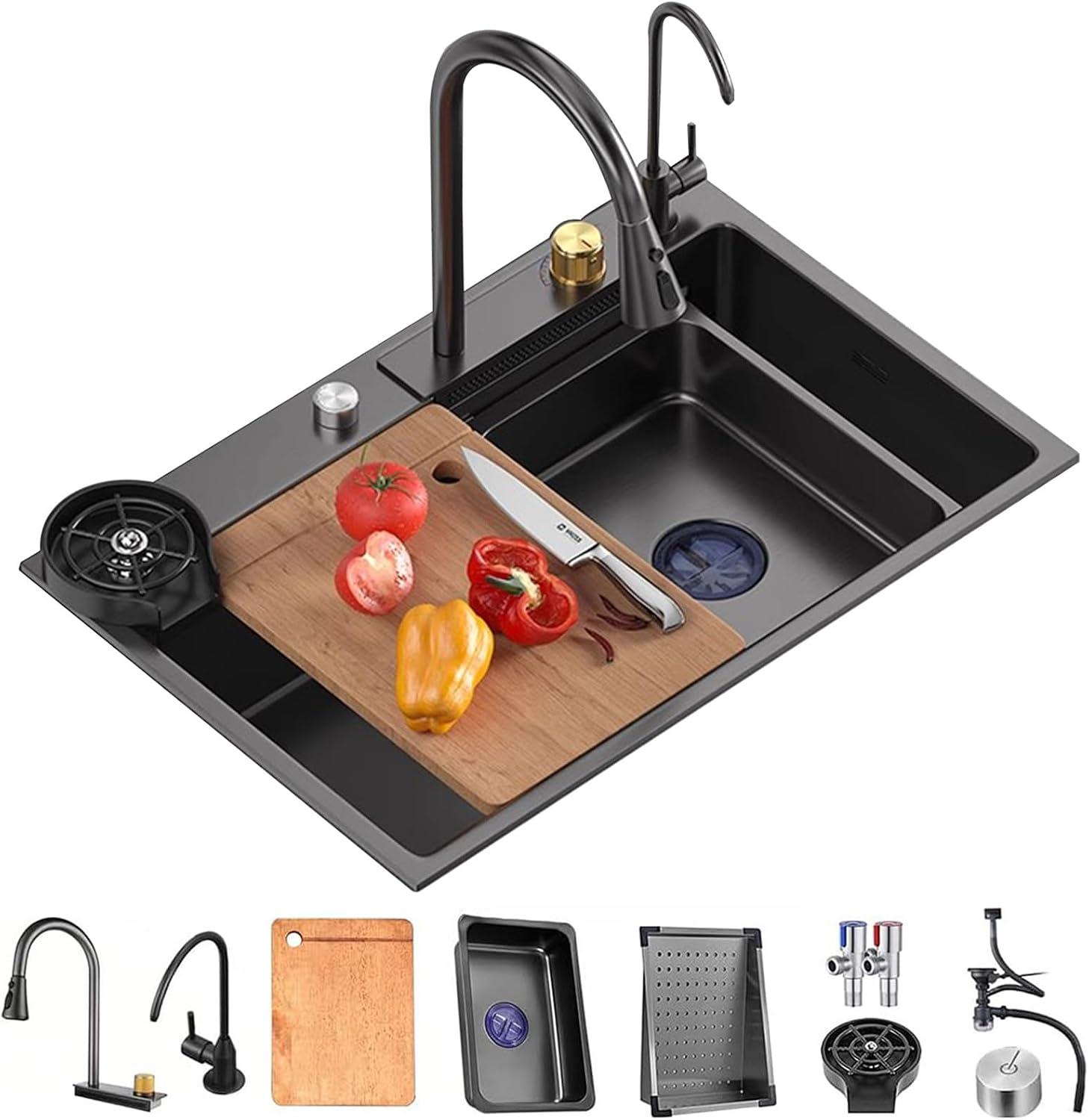 Einzelne Schüssel Küchenspüle, 29.5 Zoll Wasserfallspüle, Glasspüle Edelstahl Spüle,Arbeitsplatzspüle Wasserhahn Küchenarmaturen Bar Waschbecken (Color: Black-grey, S: 68x45x21cm)