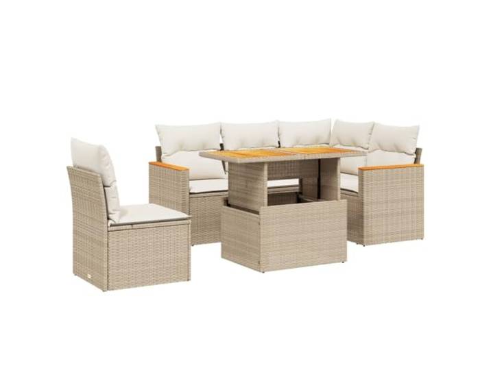 PUGYNBK Garten-Sofa-Set, 6-teilig, synthetisches Rattan, Beige Tisch mit verstellbarer Tischplatte, abnehmbare, dicke Kissen, modulares Design für Terrasse oder Terrasse