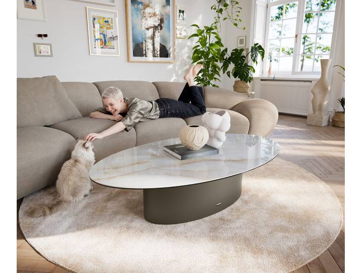DELIFE Couchtisch Edge Oval 135x80 cm Keramik Onyx Pearl Casilda Effektfinish Titan, Couchtische