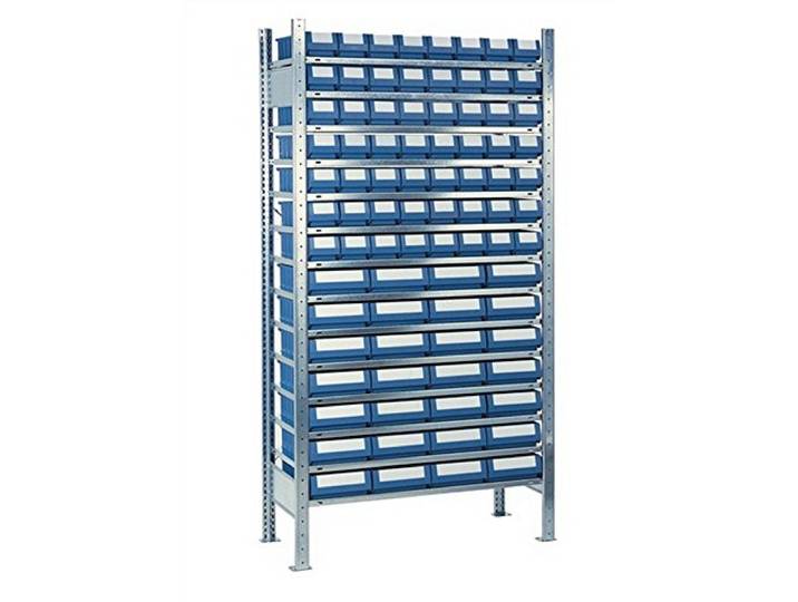 Steck-Anbauregal H2000xB1000xT300mm 14 Böden Kästen: 56xGr. 1, 28xGr.2 blau