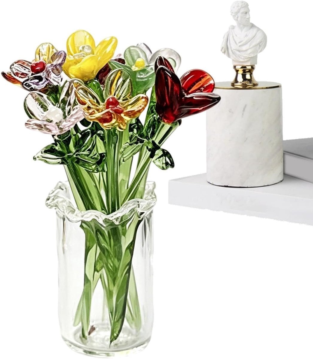 Set van 11 handgeblazen glazen bloemen voor decoratie in huis