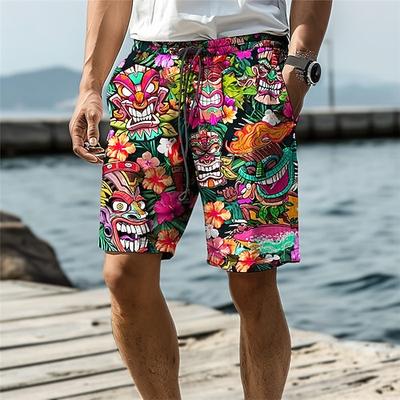 Herren Maske Indische Kultur Blumen / Pflanzen Badehosen Badeshorts Boardshorts Mittlere Taille Urlaub Hawaiianisch Ethnisch Urlaub Ferien Strand Kordelzug mit Mesh-Futter Elastischer Bund Designer