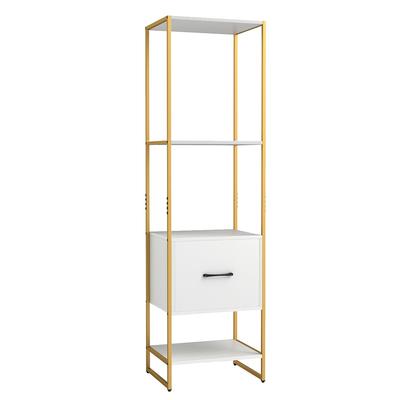 COSTWAY 5-stöckiges Bücherregal mit Schublade, schmal mit Metallrahmen & 2 Kippschutz, Aussteller Weiß&Gold