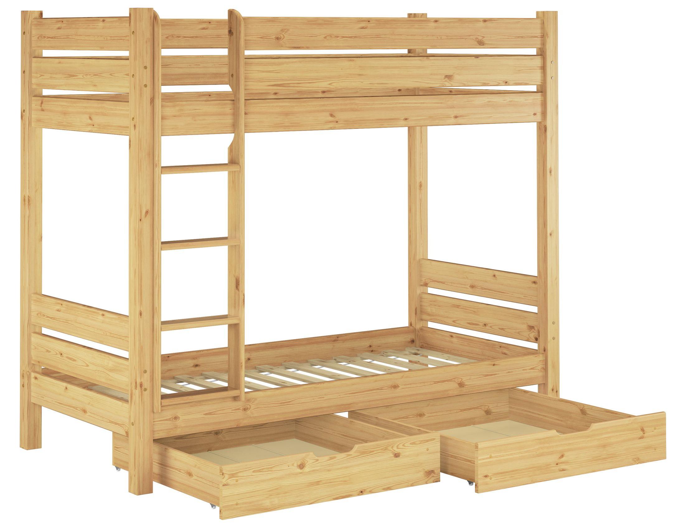 Etagenbett extra robust 90x200 Nische 100 Stockbett Zubehör wählbar Kiefer massiv V-60.16-09Rollrost und Doppelbettkasten inkl.