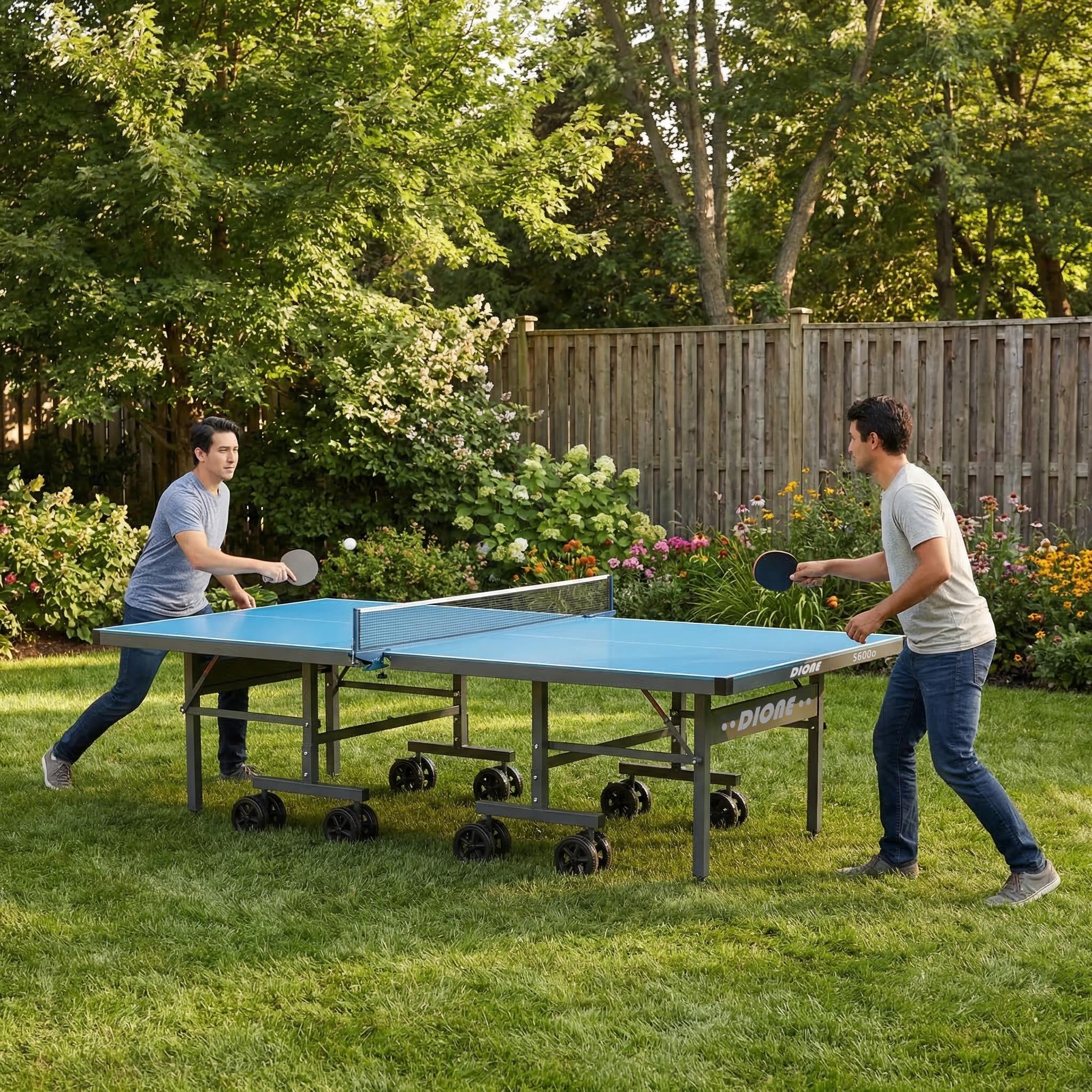 Dione Tischtennisplatte S600o Outdoor + Abdeckung - 6mm top - Tischtennistisch Blau TT-Platte klappbar für draußen - 95% Vormontiert