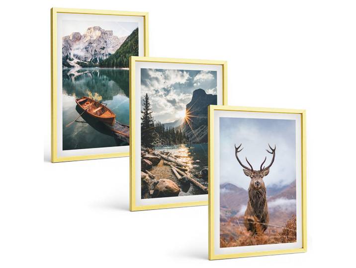 Tulup Bilder SET 3er Set - 40x60 cm Goldrahmen - Bergsee, Bootsfahrt, Sonnenuntergang, Hirsche, Goldfarben, Kunststoff, Rechteckig, 40x60 cm, Fotografie, Bilder & Rahmen, Bilder