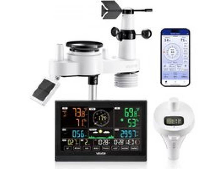 VEVOR 7-in-1 WLAN-Wetterstation mit APP, 7,5-Zoll-Display, solarbetriebener Außensensor, mit Poolthermometer, Regenmesser, Wettercenter für Wettervorhersage, Windgeschwindigkeit, Pooltemperatur