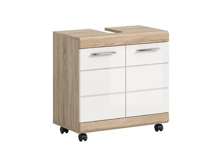 xonox.home – Waschbeckenunterschrank Lambada 60x60x34 cm in weiß Hochglanz/Sonoma Eiche hell – Mobiler Badschrank auf Rollen mit viel Stauraum für Pflegeprodukte – modern & schick