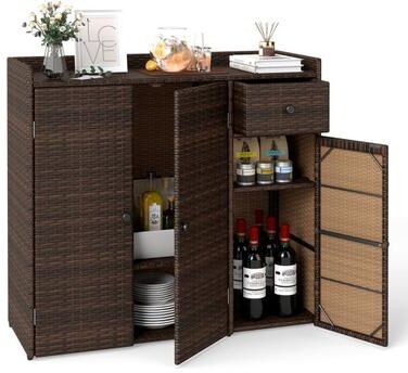 Costway Outdoor PE Wicker Storage Cabinet with 3 Doors and Adjustable Shelves and Drawer-Brown