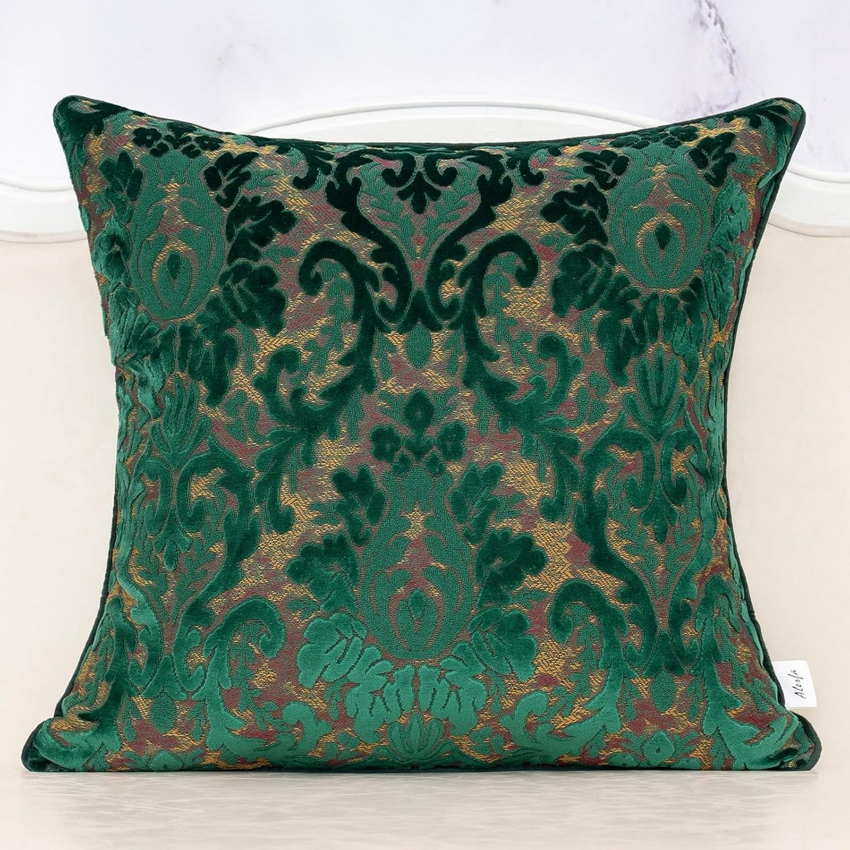 Luxe Geborduurde Sierkussenhoes Groen Bloemmotief 50x50 cm - Decoratieve Velours Kussensloop voor Bank en Woonkamer