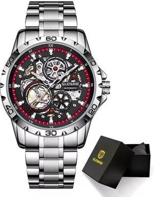 Inspired Finds GLENAW Steampunk Skeleton Automatic Men's Watch Luxury Mechanical Watch With Luminous Waterproof Design red