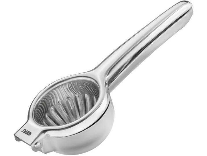 Zitruspresse GEFU LEMON , silber, B:22cm H:5cm T:7,5cm, Entsafter, Zitruspresse, effizientes Hebelprinzip, tropffreier Ausguss, Edelstahl