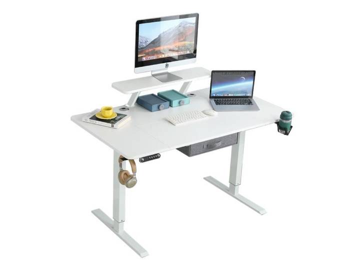 Radlove 140cm Bureau Assis Debout Electrique avec Etagere Bureau Reglable en Hauteur Table Bureau Standing Desk Blanc