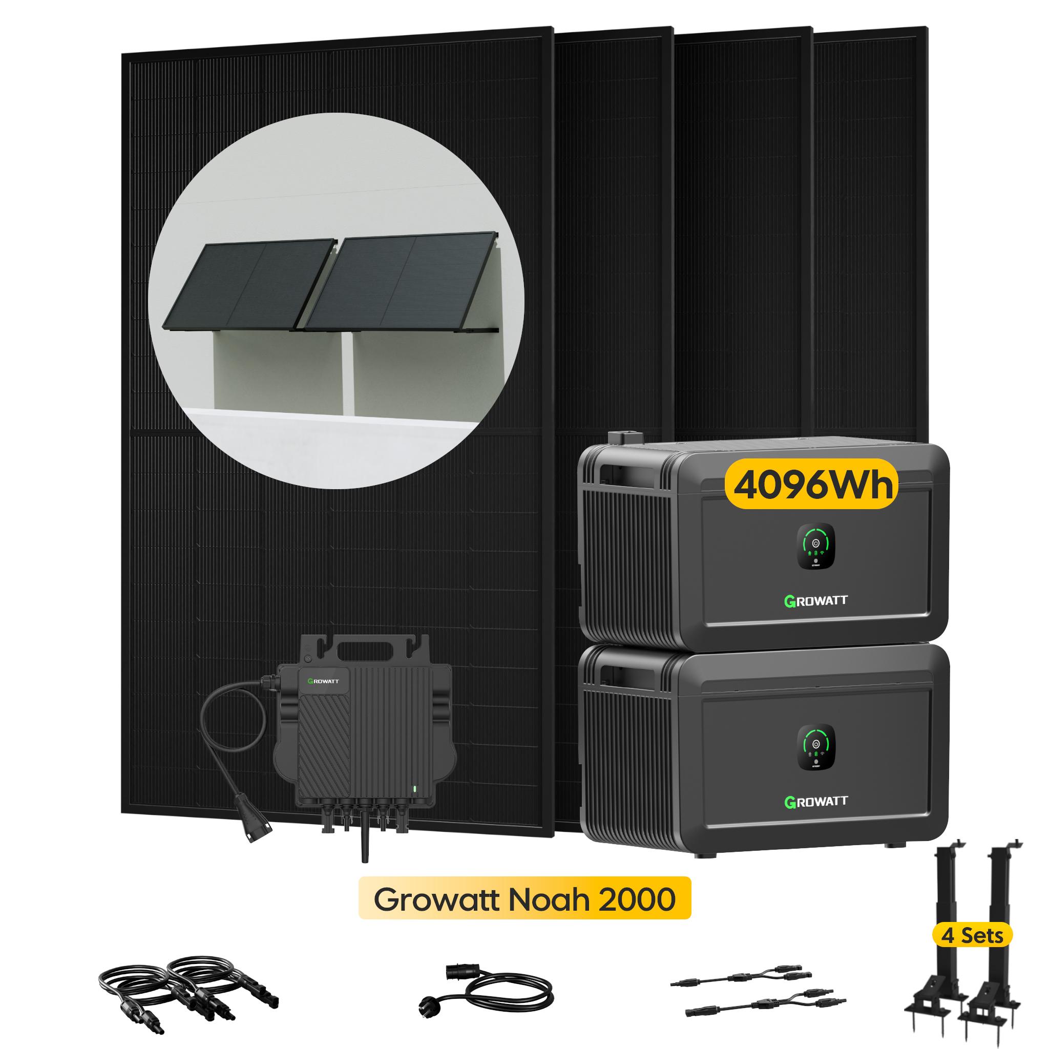 Powerness Balkonkraftwerk mit Speicher, 2000W Solarmodule & Growatt 800W Mikro-Wechselrichter, 2x Growatt NOAH 2000 Speicher,4x Flachdach-Halterung