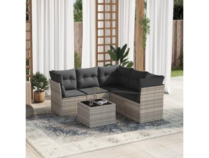 KTHLBRH Gartenmöbel-Set, 6-teilig, Polyrattan, Grau Mit Aufbewahrungsbox, Glastisch, waschbaren Kissen, modulares Design