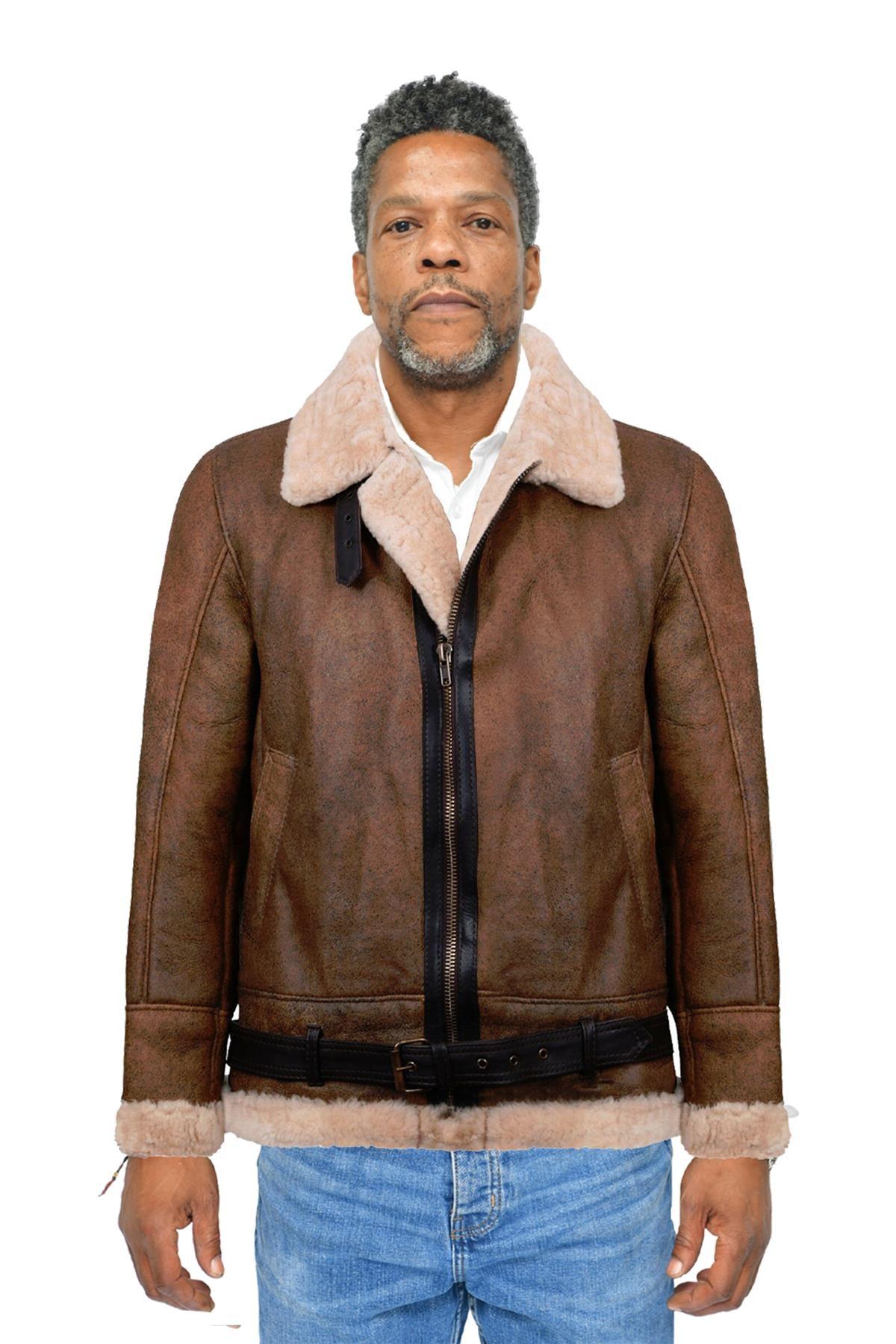 Herren Vintage Braune Schaffell-Fliegerjacke - KANSAS