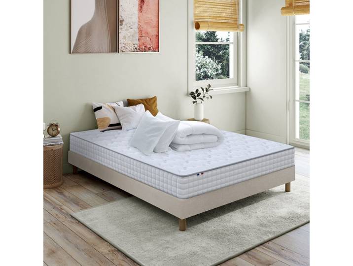 Pack matelas ressorts sommier beige couette oreillers 160x200